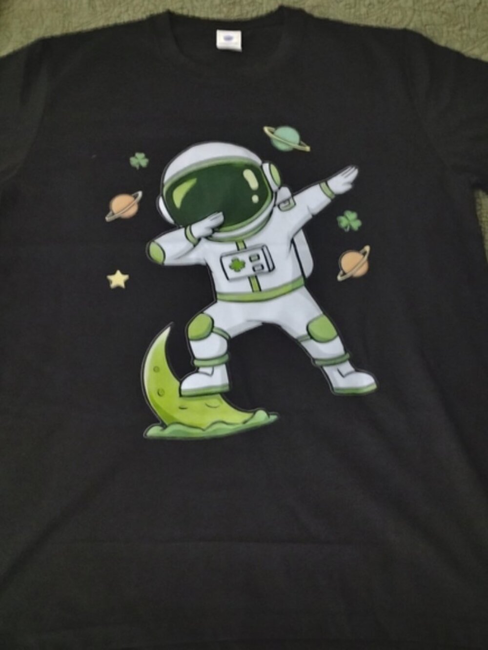Black Graphic Short Sleeve Tee with Green Astronaut Design